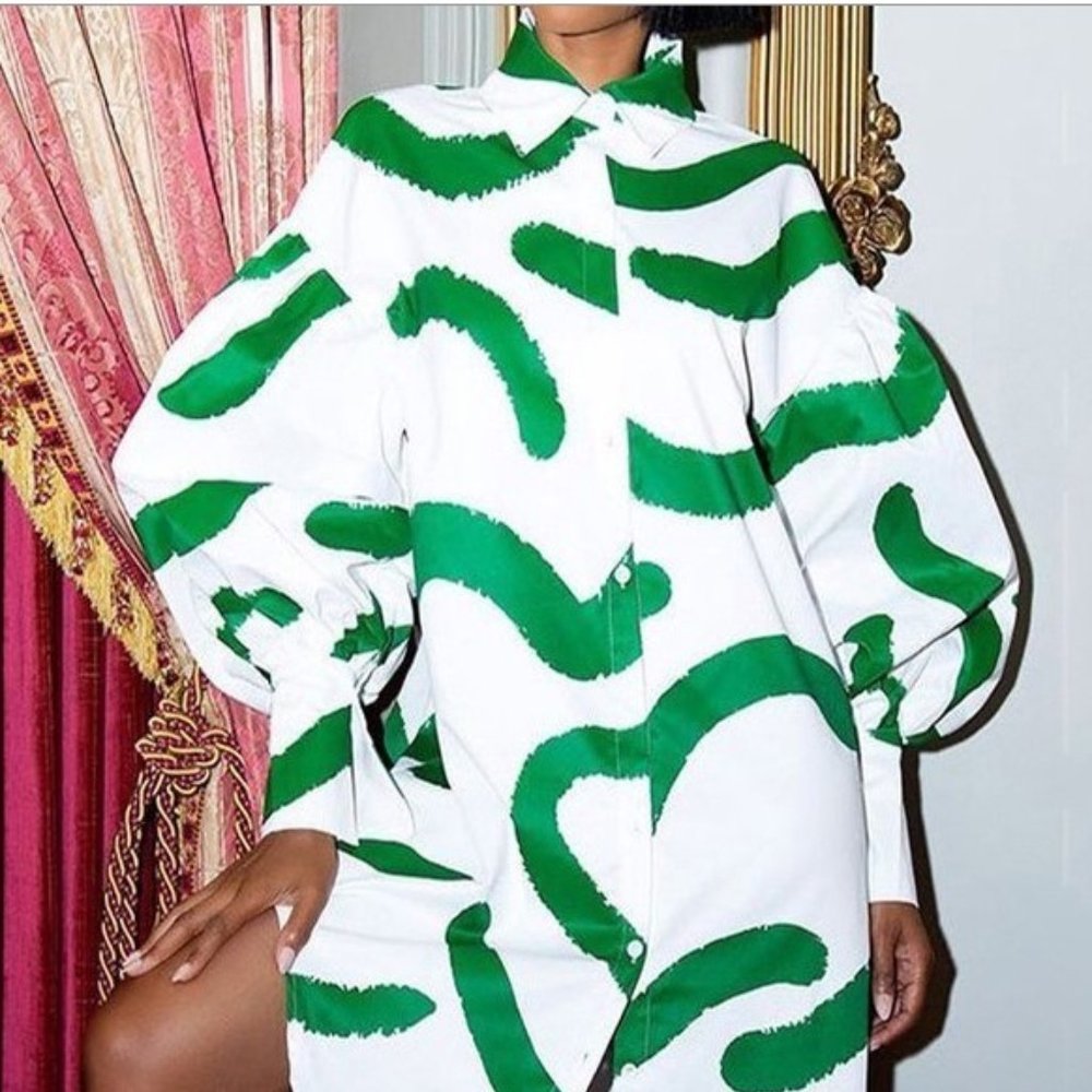 Women’s Green & White Long Sleeve Shirt Dress